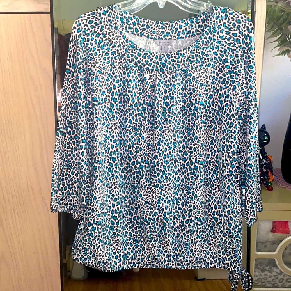 Amber Sun Collection Leopard Print Turquoise Blouse- Small